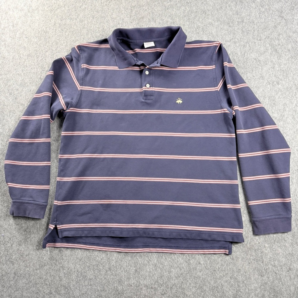 Brooks Brothers Mens XL Long Sleeve Polo Shirt Navy Blue Striped Rugby Cotton